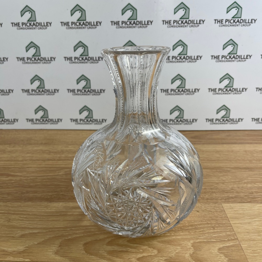 Vintage Hand Cut Crystal Pinwheel Starburst Bud Vase Clear Glass 6 Inch Round